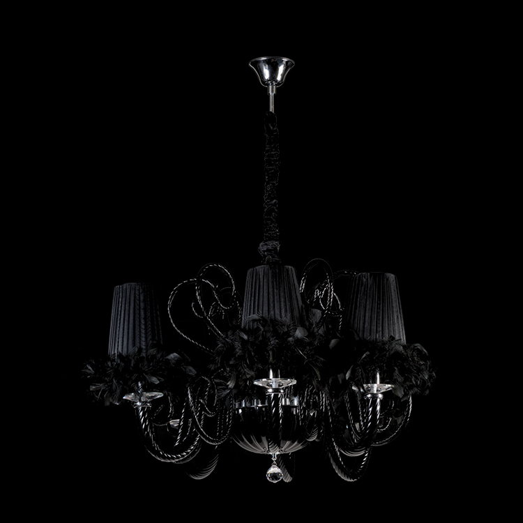 KLIGHT U-KLCH-5757-5/BL - 230v 40W E14 5 Black Glass Arm Chandelier with Feather Trimmed Shades