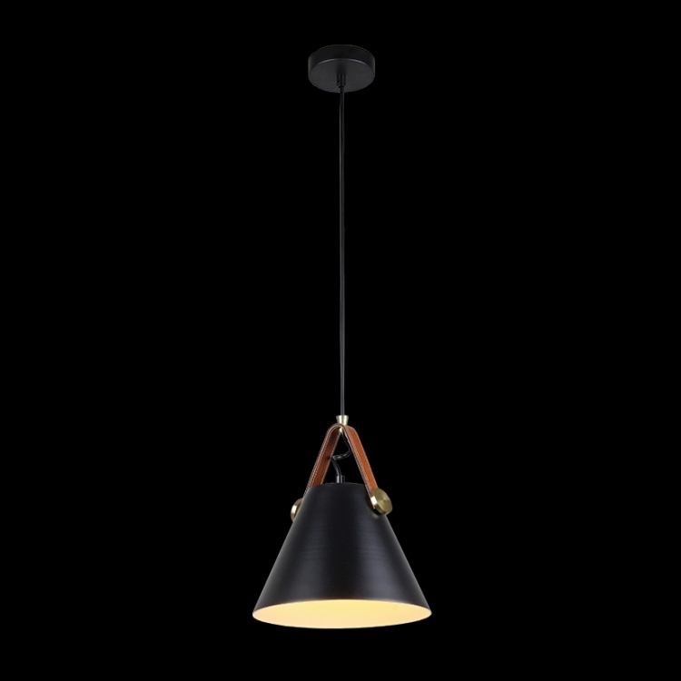 KLIGHT T-KLCH-122-S/BL - 230v 40W E27 Small Leather & Iron Cone Metal Pendant, Black