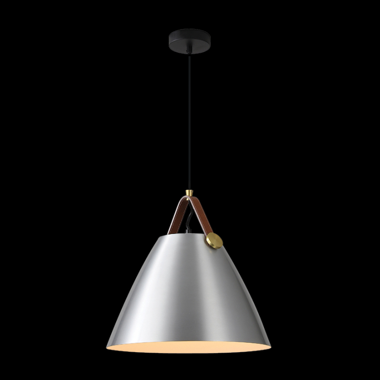 KLIGHT T-KLCH-122-L/SL - 230v 40W E27 Large Leather & Iron Cone Metal Pendant, Brushed Aluminium