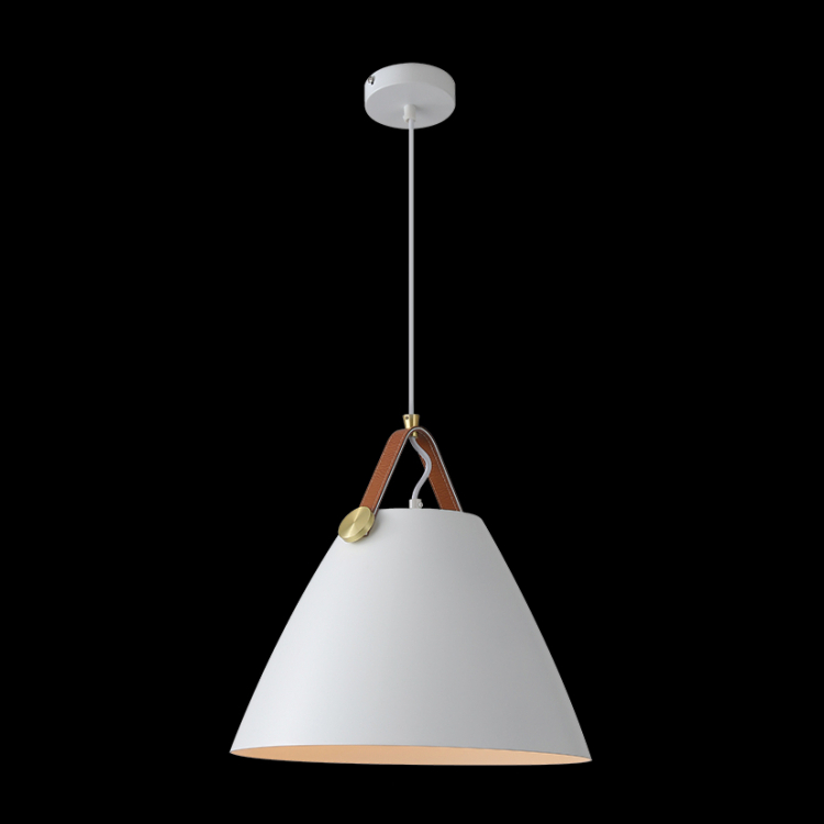KLIGHT T-KLCH-122-L/WH - 230v 40W E27 Large Leather & Iron Cone Metal Pendant, White
