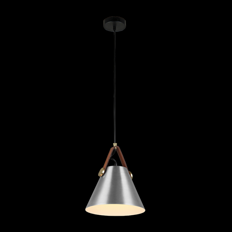 KLIGHT T-KLCH-122-S/SL - 230v 40W E27 Small Leather & Iron Cone Metal Pendant, Brushed Aluminium