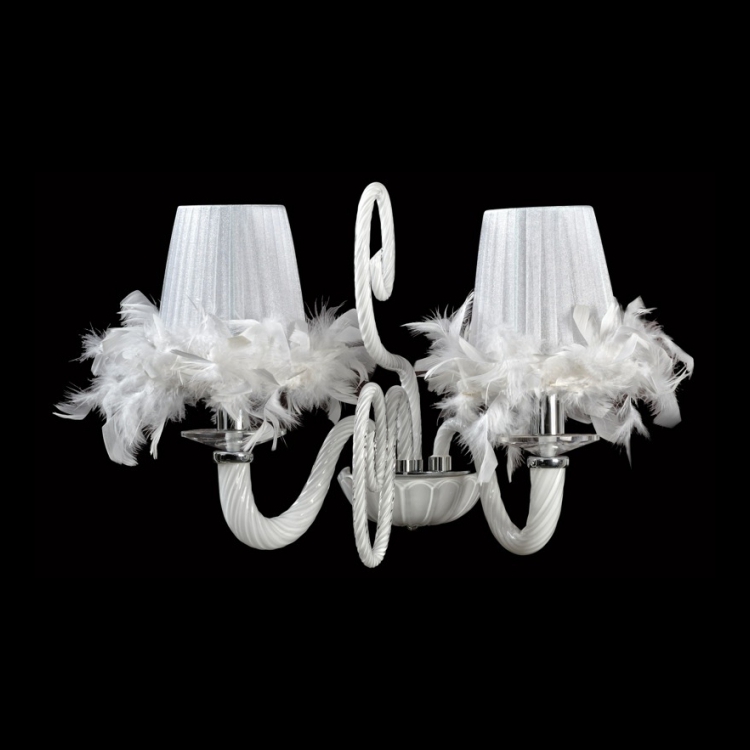 U-KLW-5757-2/WH - 230v 40W E14 White Glass Arm Wall Light with Feather Trimmed Shades